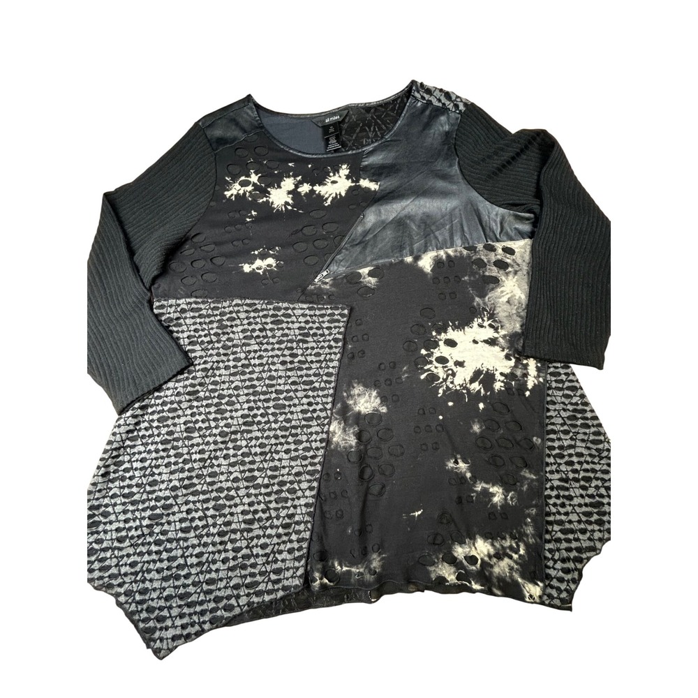 Ali Miles Womens 1X Mixed Media Tunic Top Faux Leather Laser Cut Patchwork Black